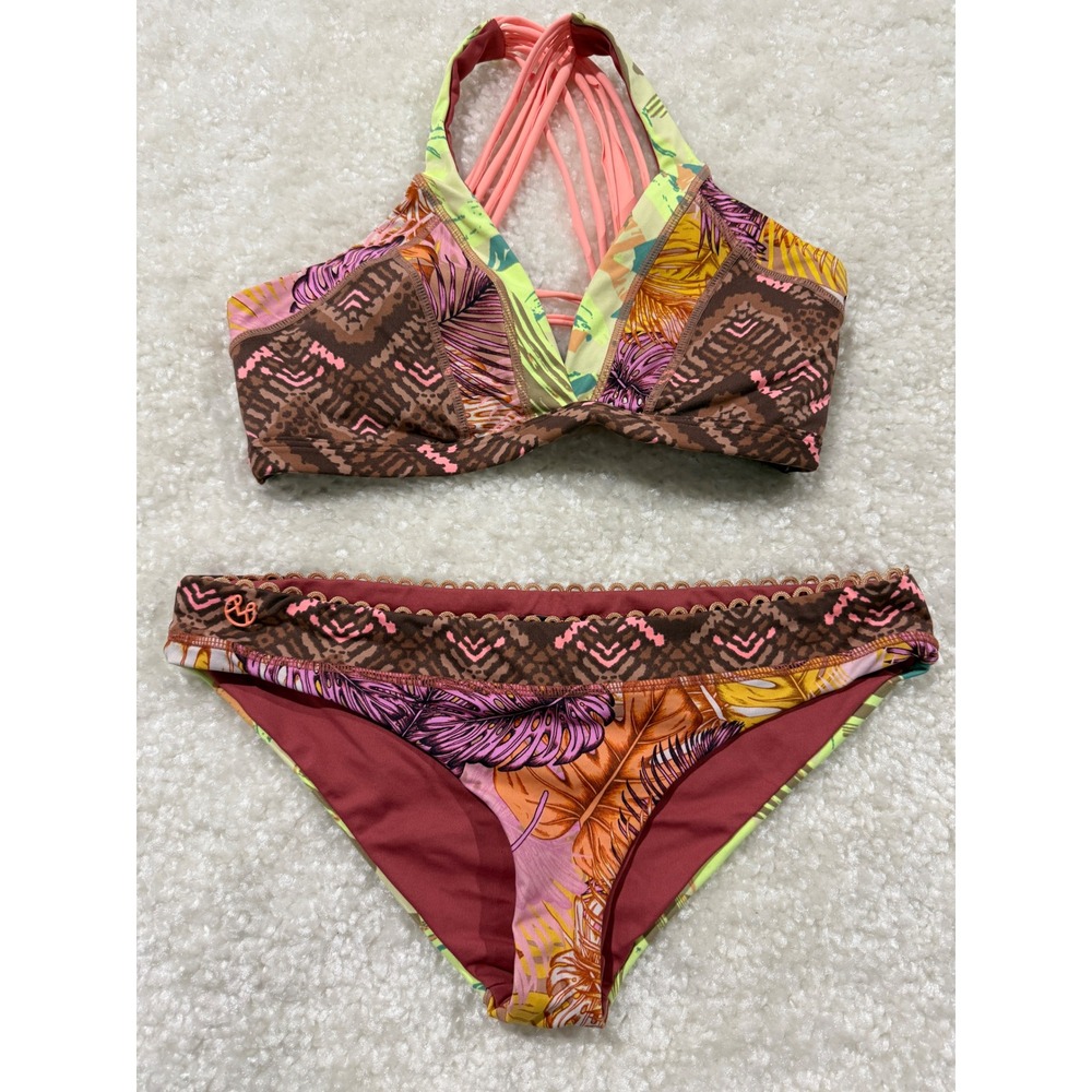Maaji Bikini Swimsuit Women Top XL/Bottoms L Tropical Strappy Cage Back Set